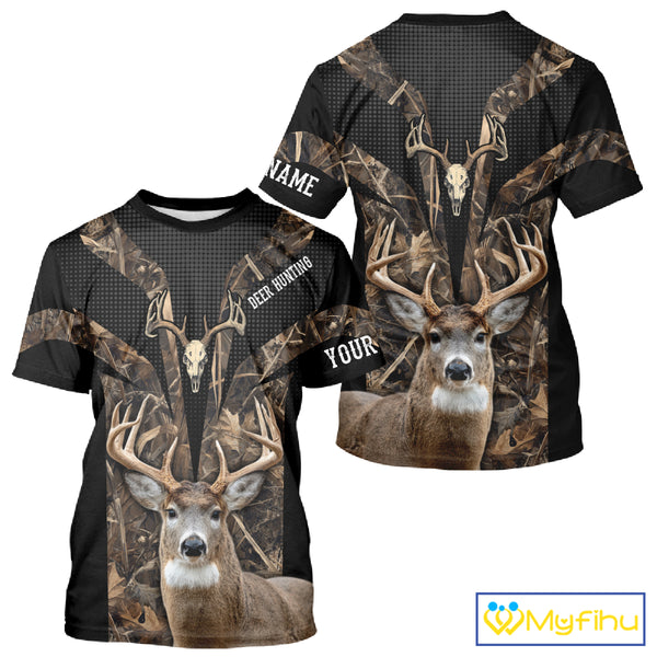 Brown Camo 3D Deer Hunting Hoodie For Men – Whitetail Buck Skull Design NHT335