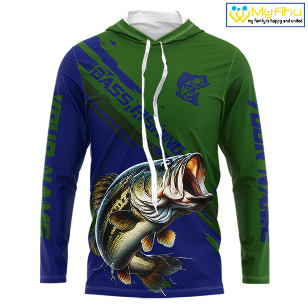 Green Blue Bass Fishing Shirt Long Sleeve Fishing Apparel For Men, Hooded Fishing Shirt For Fisher NHT873