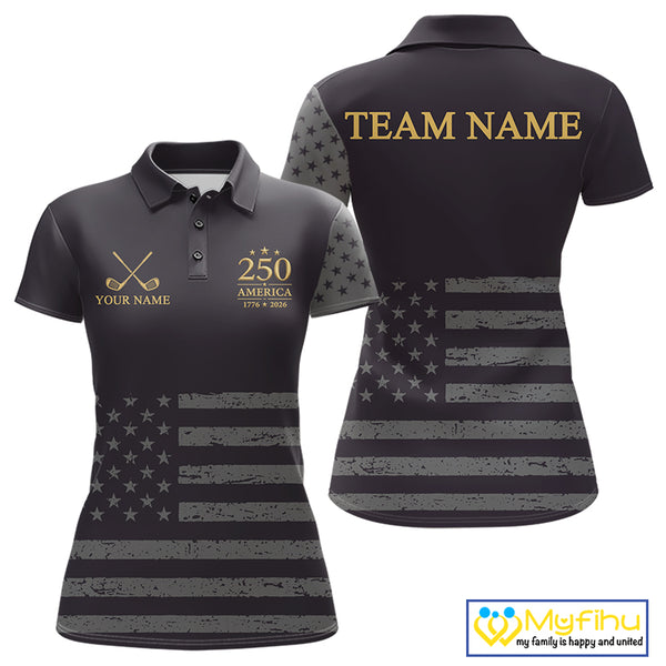 Black & Gold American 250Th Anniversary Womens Golf Polo Shirts, Golf Gifts For Team NHT887