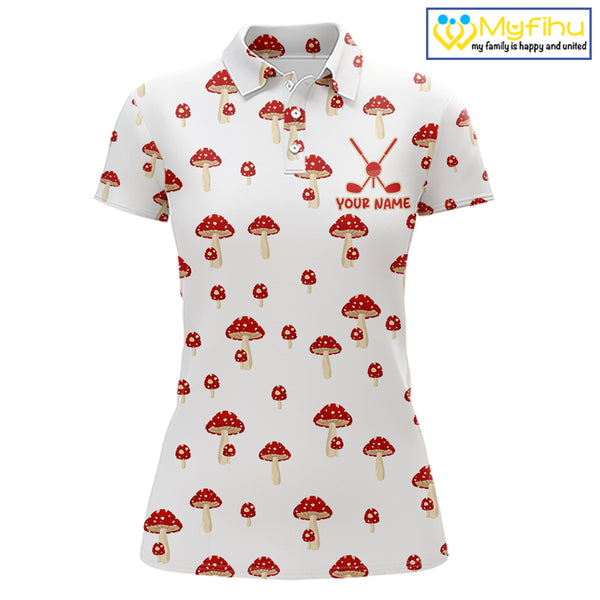 Funny Mushroom Womens Golf Polo Shirt, Personalized Mushroom Red White Pattern Golf Jersey NHT888