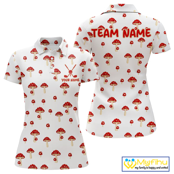 Funny Mushroom Womens Golf Polo Shirt, Personalized Mushroom Red White Pattern Golf Jersey NHT888
