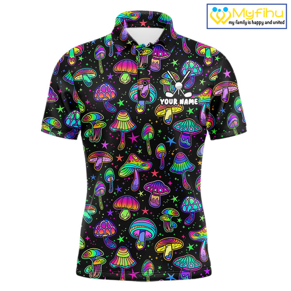 Funny Neon Mushroom Pattern Mens Golf Polo Shirt – Custom Name, Team Name For Golfer NHT889