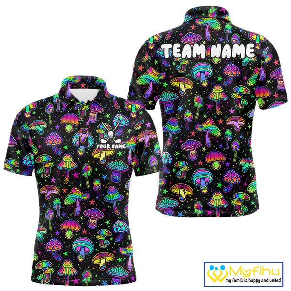 Funny Neon Mushroom Pattern Mens Golf Polo Shirt – Custom Name, Team Name For Golfer NHT889