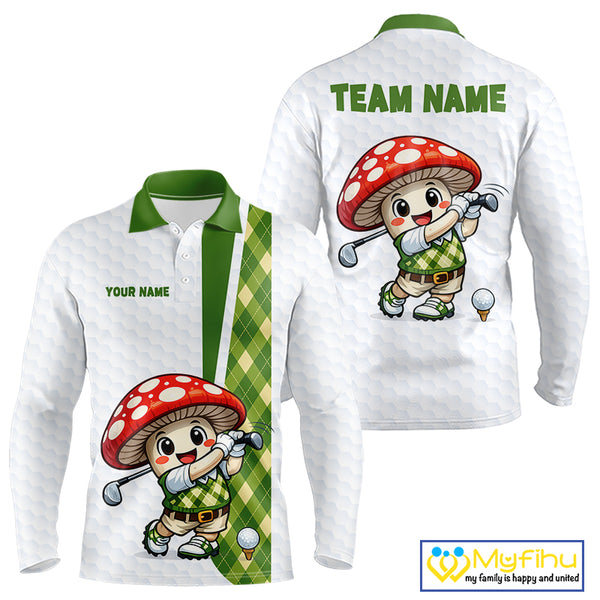 Funny Cartoon Mushroom Mens Golf Polo Shirt White Argyle Green Pattern Golf Shirt NHT890
