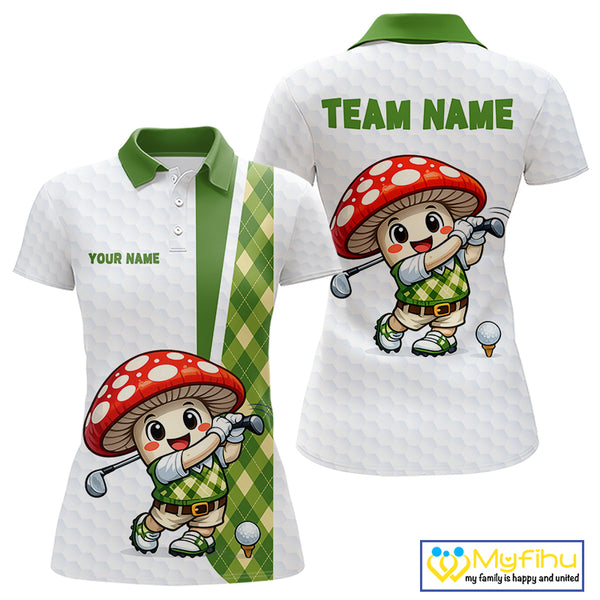 Funny Cartoon Mushroom Womens Golf Polo Shirt White Argyle Green Pattern Golf Shirt NHT890