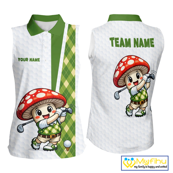 Funny Cartoon Mushroom Sleeveless Womens Golf Polo Shirt White Argyle Green Pattern Golf Shirt NHT890