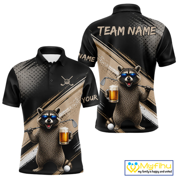 Funny Raccoon Golf Polo Shirt Custom Name Golf Beer Polo Gift For Men Black Beige Golf Jersey  NHT891