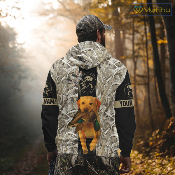 Yellow Lab Mallard Duck Hunting Winter Camo 3D Shirt, Custom Name Waterfowl Hunting Clothes NHT232