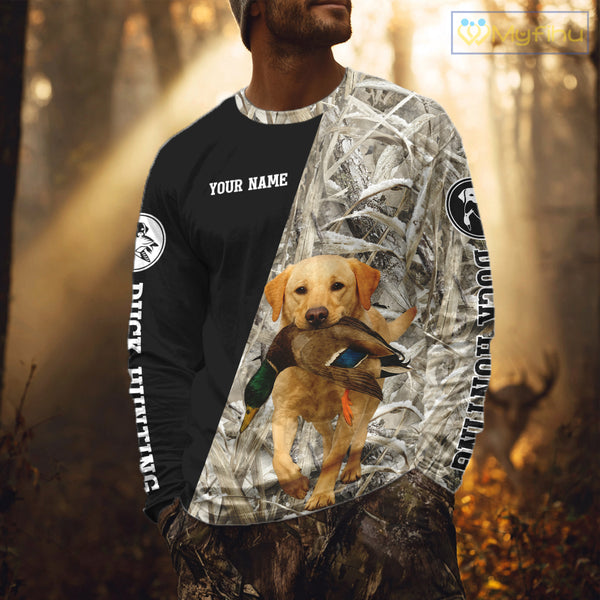 Yellow Lab Duck Hunting Shirt, Custom Name 3D Black Camo Winter Waterfowl Hunting Gear NHT233