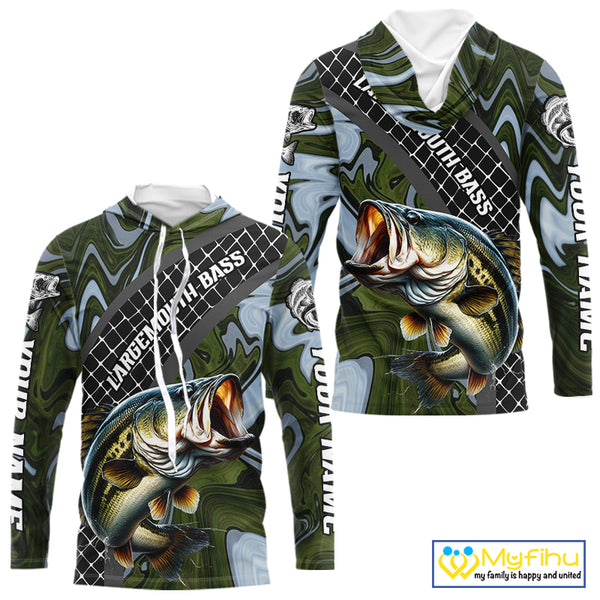 Largemouth Bass Hooded Fishing Shirt Long Sleeve Abstract Green Camo Performance Jersey For Men NHT922