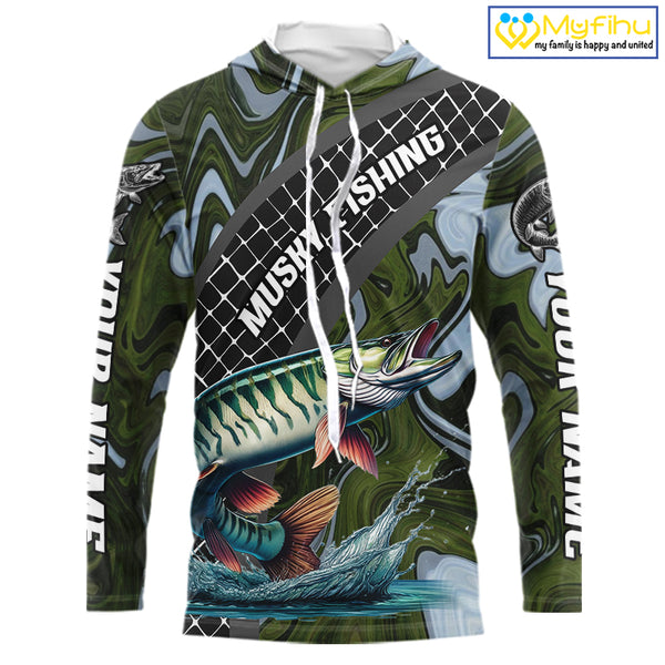 Northern Musky Hooded Fishing Shirt Long Sleeve Abstract Green Camo Performance Jersey For Men NHT926