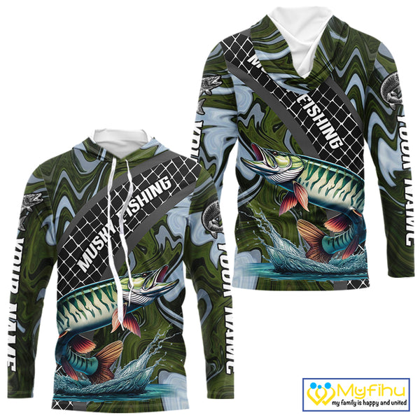 Northern Musky Hooded Fishing Shirt Long Sleeve Abstract Green Camo Performance Jersey For Men NHT926