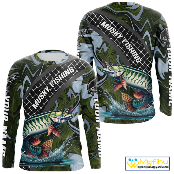 Northern Musky Fishing Shirts Long Sleeve Abstract Green Camo Performance Jersey For Men NHT926