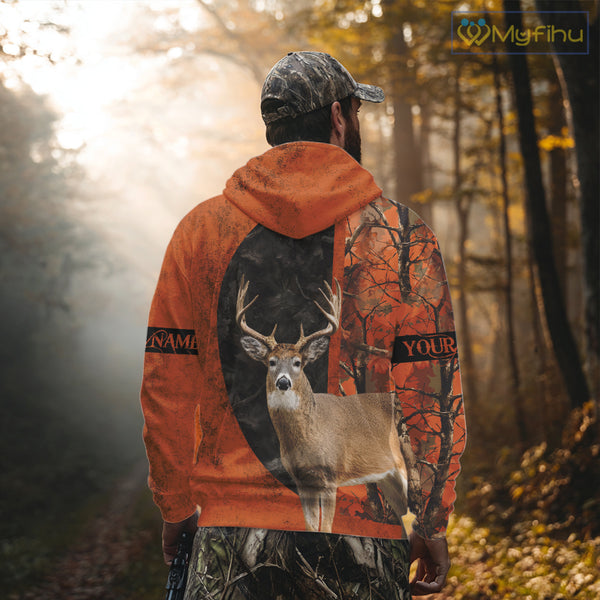 Whitetail Deer Hunting Orange Camo 3D All Over Printed Shirt, Custom Name Hunting Shirt NHT259