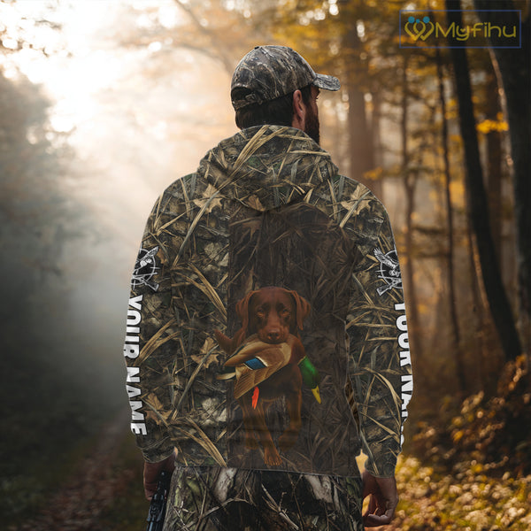 Personalized Mallard Duck Hunting Shirt with Chocolate Lab, Custom Dog’s Name Camouflage NHT264