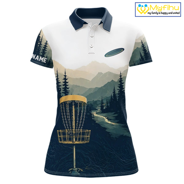 Green Mountain Landscape Disc Golf Womens Polo Shirt Custom Forest Disc Golf Shirt For Women NHT838