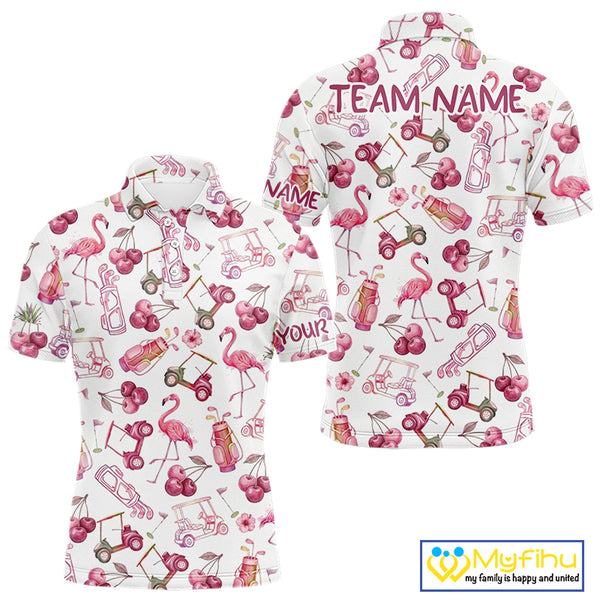 Funny Golf Polo Shirt For Mens Cherry Flamingo Golf Cart Pattern Summer Sport Top NHT841