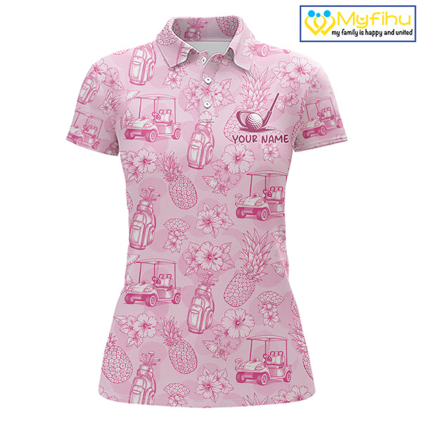 Funny Womens Golf Polo Shirt Pineapple Floral Golf Cart Pattern All Over Print Tropical Performance Top NHT842