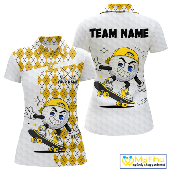 Womens Golf Polo Shirt Argyle Pattern Golf Shirts For Womens Funny Golf Ball Shirtgifts|Yellow NHT864