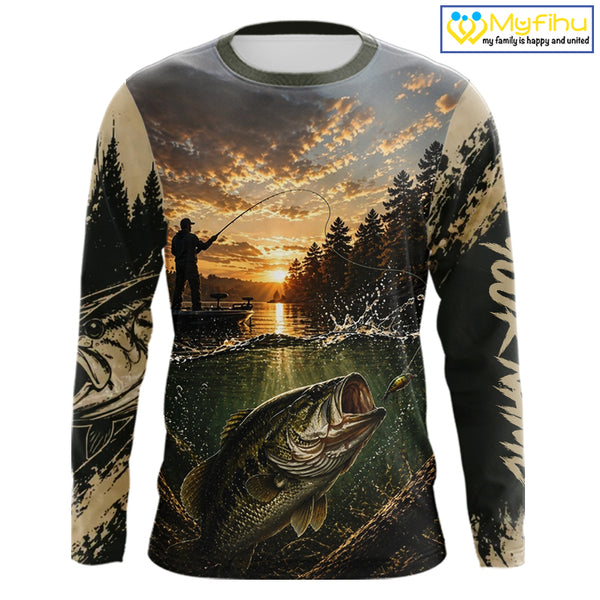 Personalized Bass Fishing Shirt – Angler Sunset Lake Design, Outdoor Fishing Apparel Gift For Dad NHT866