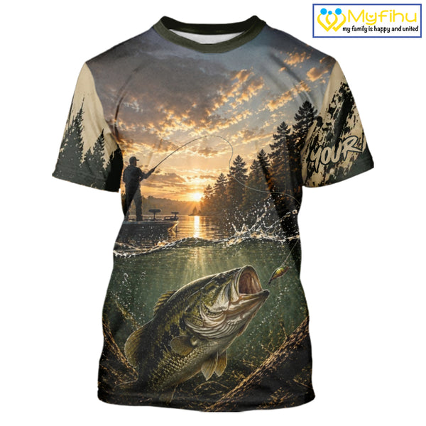 Personalized Bass Short Sleeve Fishing T-Shirts – Angler Sunset Lake Design, Outdoor Fishing Apparel Gift For Dad NHT866