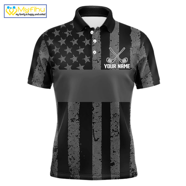 Black White American Flag Mens Golf Polo Shirts Custom Name, Team Name For Men Golf Gift NHT886