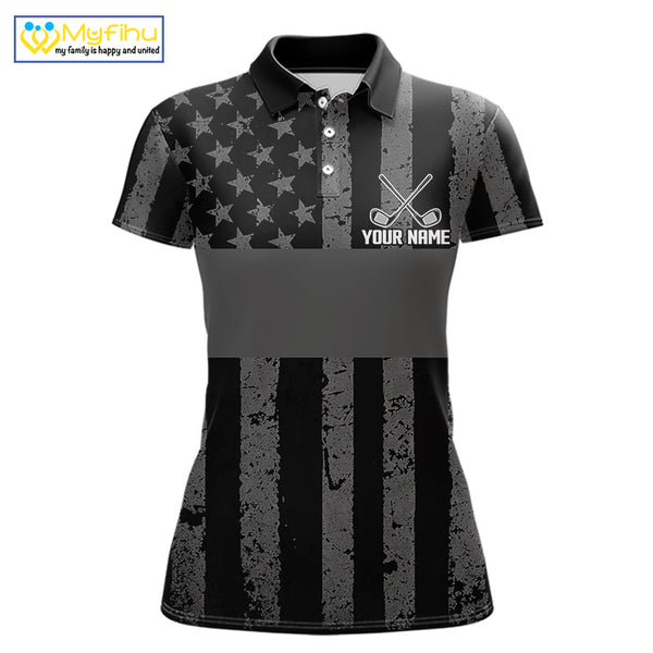 Black White American Flag Womens Golf Polo Shirts Custom Name, Team Name For Women Golf Gift NHT886