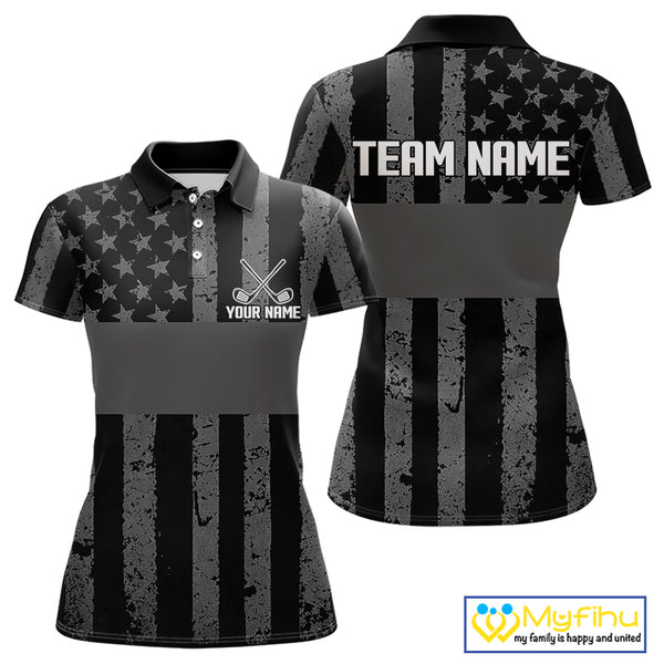 Black White American Flag Womens Golf Polo Shirts Custom Name, Team Name For Women Golf Gift NHT886