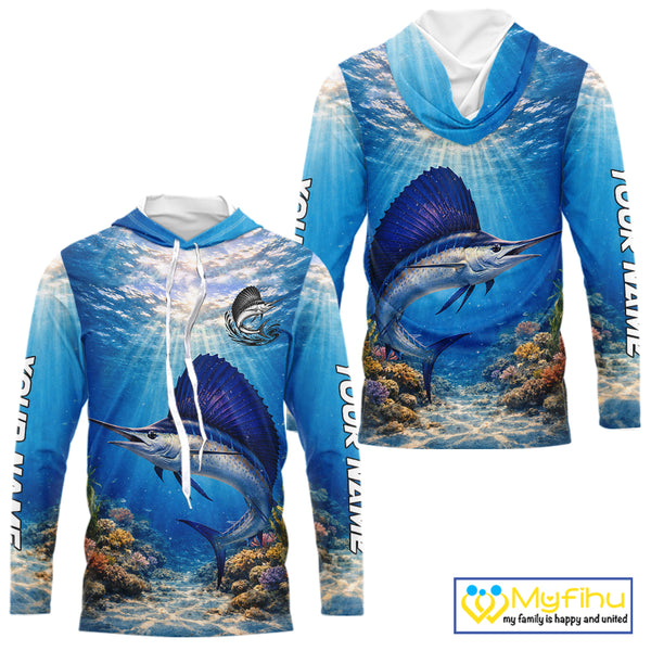 Personalized Offshore Fishing Jerseys, Sailfish Fishing Shirts Long Sleeve Hooded For Men NHT821
