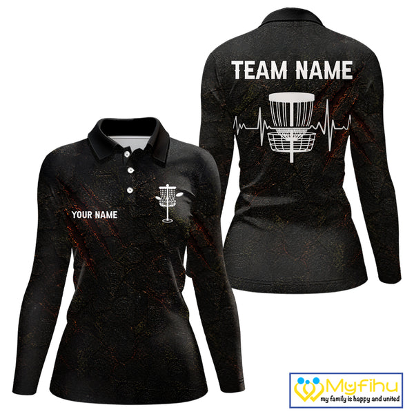 Black Flame Disc Golf Womens Polo Shirts Custom Name Disc Golf Polo Shirts Black Athletic Style NHT834