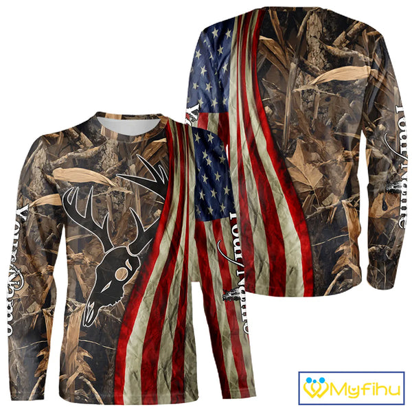 Skull Deer Hunting Shirt-Personalized US Flag Camouflage, Best Hunting Hoodie For Hunter NHT364