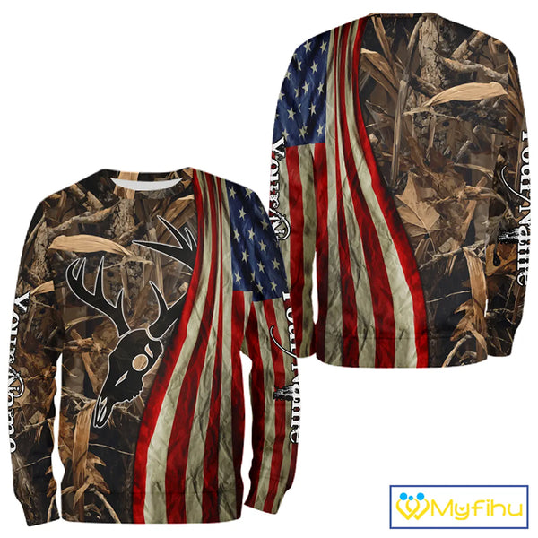 Skull Deer Hunting Shirt-Personalized US Flag Camouflage, Best Hunting Hoodie For Hunter NHT364