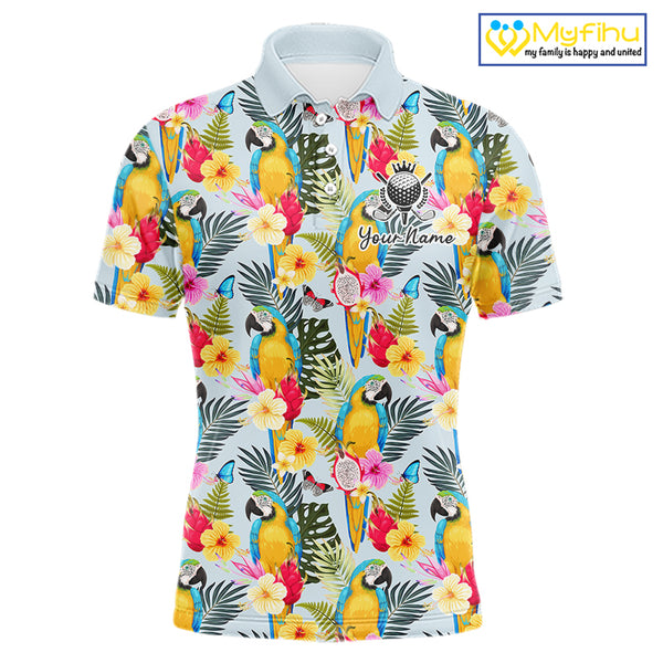Funny Tropical Parrot Mens Golf Polo Shirt – Custom Name Shirt For Men, Summer Beach Vacation Outfit NHT858
