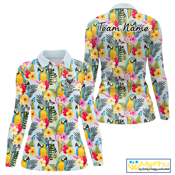 Funny Tropical Parrot Womens Golf Polo Shirt – Custom Name Shirt For Womens, Summer Beach Vacation Outfit NHT858