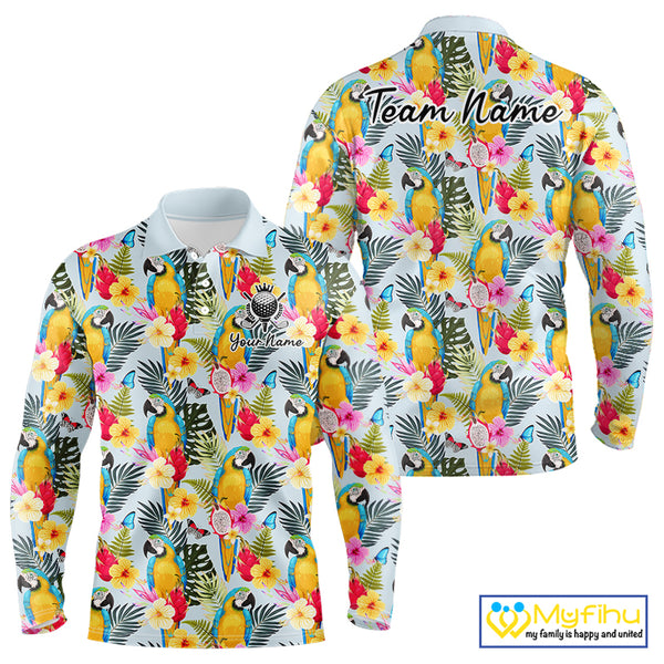 Funny Tropical Parrot Mens Golf Polo Shirt – Custom Name Shirt For Men, Summer Beach Vacation Outfit NHT858