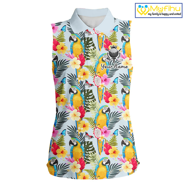 Funny Tropical Parrot Sleeveless Women Golf Polo Shirt – Custom Name Shirt For Womens, Summer Beach Vacation Outfit NHT858