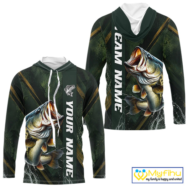 Personalized Hooded Bass Fishing Jersey – Green Angler Shirt Custom Name, Fishing Gift For Men NHT874