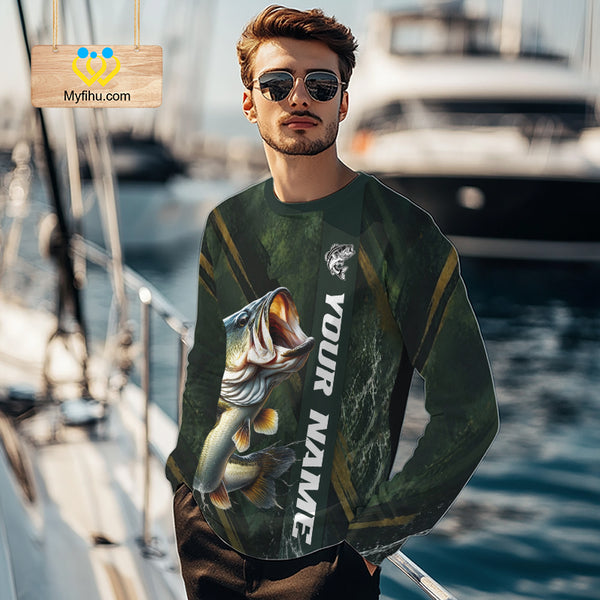 Personalized Bass Fishing Jersey – Green Angler Shirt Custom Name, Fishing Gift For Men NHT874