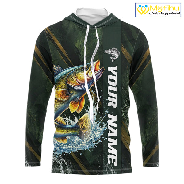 Personalized Hooded Walleye Fishing Jersey – Green Angler Shirt Custom Name, Fishing Gift For Men NHT876