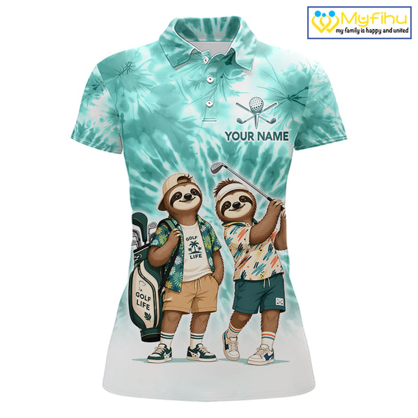 Funny Sloth Golf Polo Shirt For Womens –  Blue Tie Dye Custom Name Golf Shirt, Golf Gift NHT880