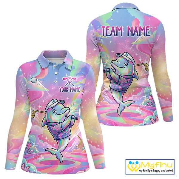 Funny Pastel Dolphin Womens Golf Polo Shirt Custom Ocean Golf Shirt, Polo Gift For Golf Lovers NHT897