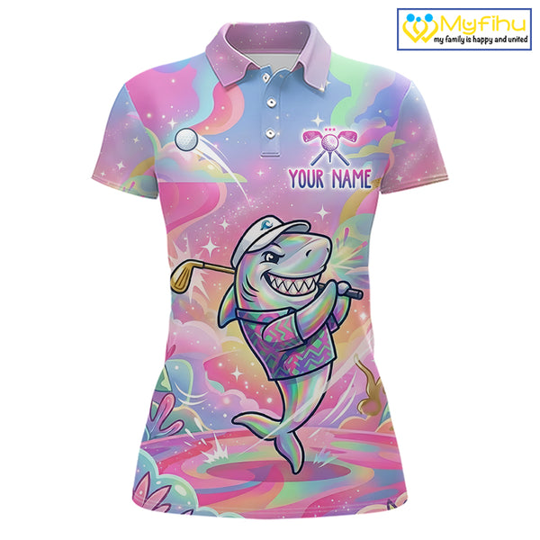 Funny Pastel Shark Womens Golf Polo Shirt Custom Ocean Golf Shirt, Polo Gift For Golf Lovers NHT898
