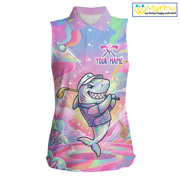 Funny Pastel Shark Womens Sleeveless Golf Polo Shirt Custom Ocean Golf Shirt, Polo Gift For Golf Lovers NHT898