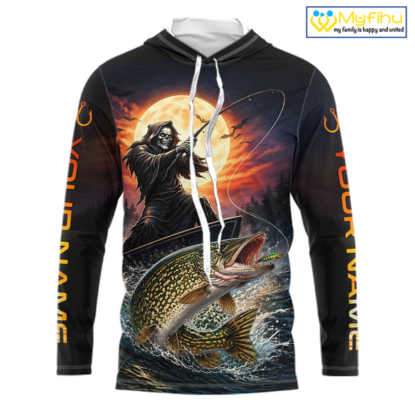 Personalized Fish Reaper Fishing Shirts Jerseys, Fish Reaper Sunset Pike Fishing Shirts Long Sleeve Hooded NHT830
