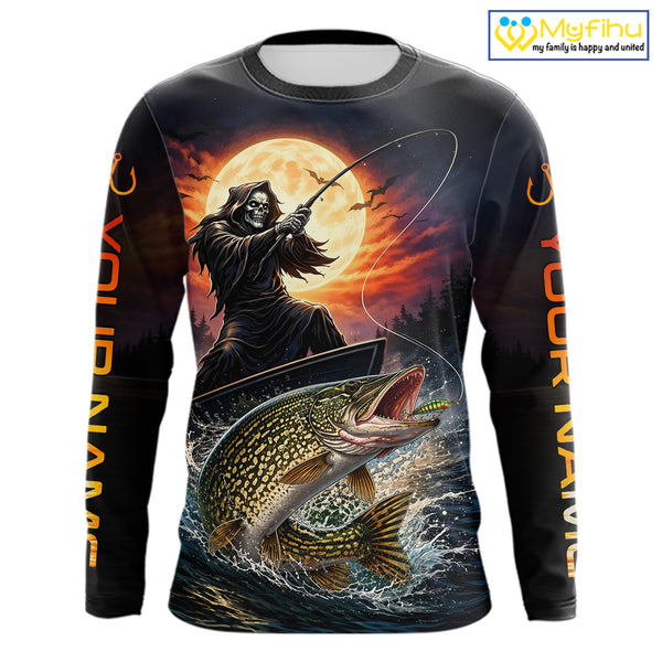 Personalized Fish Reaper Fishing Shirts Jerseys, Fish Reaper Sunset Pike Fishing Shirts Long Sleeve NHT830