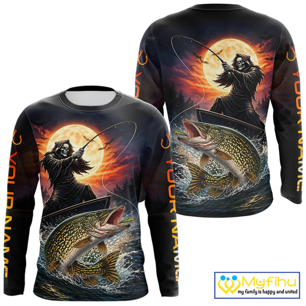 Personalized Fish Reaper Fishing Shirts Jerseys, Fish Reaper Sunset Pike Fishing Shirts Long Sleeve NHT830