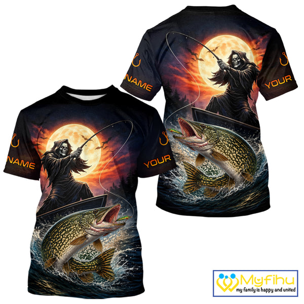 Personalized Fish Reaper Fishing Shirts Jerseys, Fish Reaper Sunset Pike Fishing Shirts T - Shirt NHT830