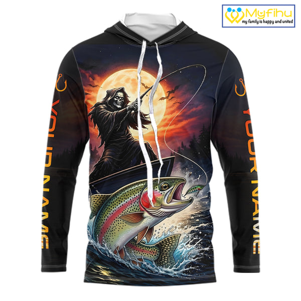 Personalized Fish Reaper Fishing Jerseys, Fish Reaper Sunset Rainbow Trout Fishing Shirts Long Sleeve Hooded NHT832