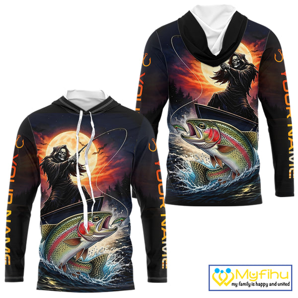 Personalized Fish Reaper Fishing Jerseys, Fish Reaper Sunset Rainbow Trout Fishing Shirts Long Sleeve Hooded NHT832