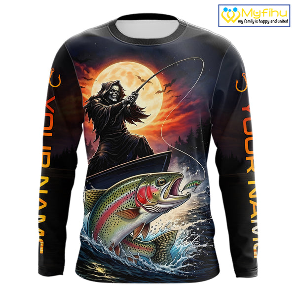 Personalized Fish Reaper Fishing Jerseys, Fish Reaper Sunset Rainbow Trout Fishing Shirts Long Sleeve NHT832